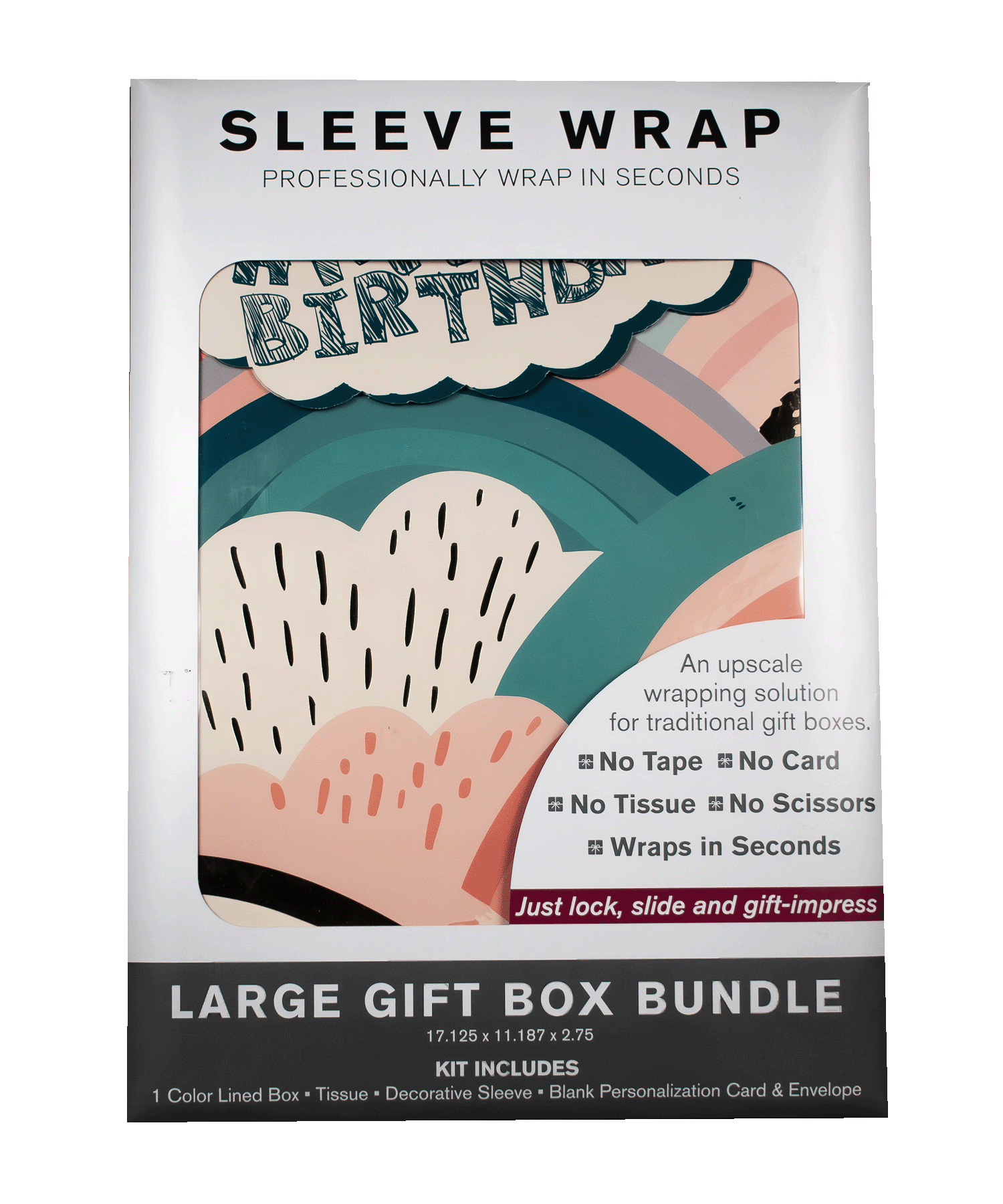 MARQD Sleeve packaging for a large birthday gift box bundle with colorful sky design and text.