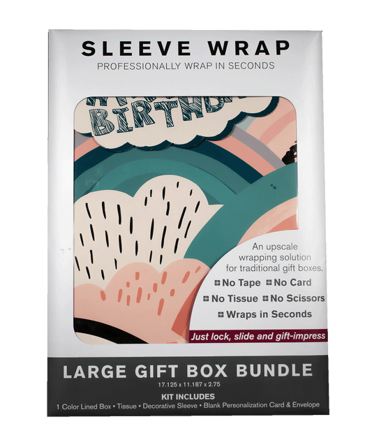 MARQD Sleeve packaging for a large birthday gift box bundle with colorful sky design and text.
