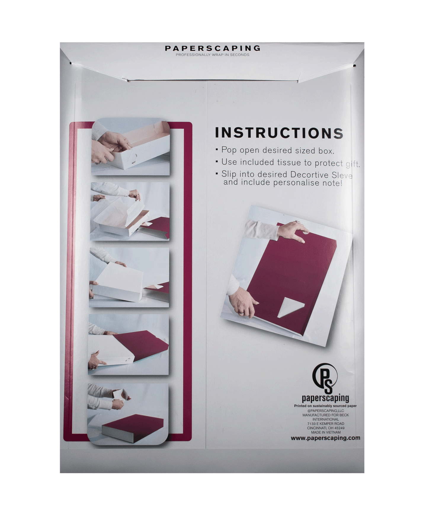 MARQD Sleeve packaging with instructions and branding on a white background